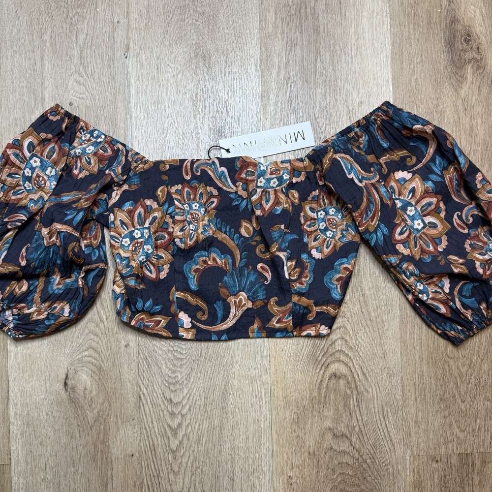 Peasant Crop Top Off Shoulder Smocked Bohoโ Chambray Puff Sleeves Size Small